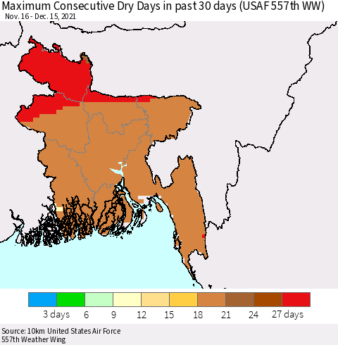 Bangladesh Maximum Consecutive Dry Days in past 30 days (USAF 557th WW) 12/15/2021 Thematic Map For 12/11/2021 - 12/15/2021