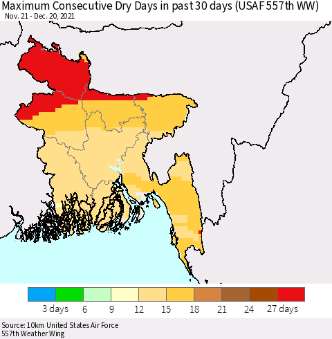 Bangladesh Maximum Consecutive Dry Days in past 30 days (USAF 557th WW) 12/20/2021 Thematic Map For 12/16/2021 - 12/20/2021