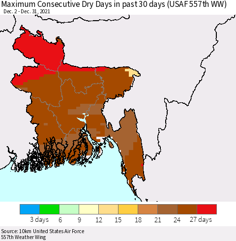 Bangladesh Maximum Consecutive Dry Days in past 30 days (USAF 557th WW) 12/31/2021 Thematic Map For 12/26/2021 - 12/31/2021