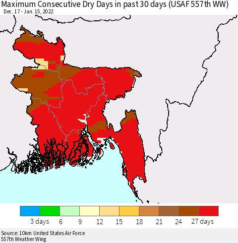 Bangladesh Maximum Consecutive Dry Days in past 30 days (USAF 557th WW) 01/15/2022 Thematic Map For 1/11/2022 - 1/15/2022