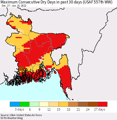 Bangladesh Maximum Consecutive Dry Days in past 30 days (USAF 557th WW) 01/25/2022 Thematic Map For 1/21/2022 - 1/25/2022
