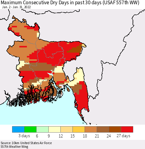 Bangladesh Maximum Consecutive Dry Days in past 30 days (USAF 557th WW) 01/31/2022 Thematic Map For 1/26/2022 - 1/31/2022