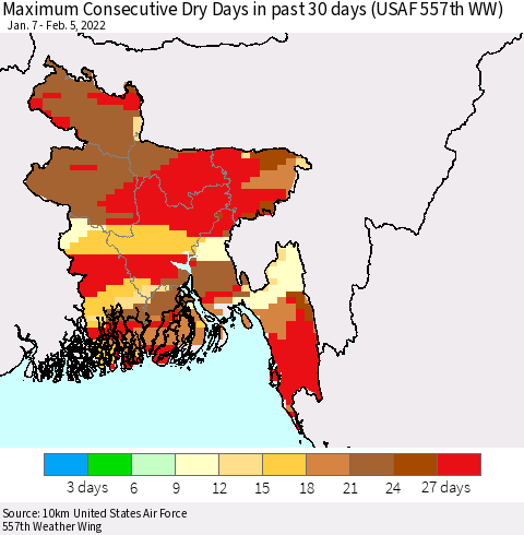 Bangladesh Maximum Consecutive Dry Days in past 30 days (USAF 557th WW) 02/05/2022 Thematic Map For 2/1/2022 - 2/5/2022