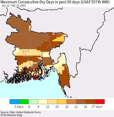 Bangladesh Maximum Consecutive Dry Days in past 30 days (USAF 557th WW) 02/10/2022 Thematic Map For 2/6/2022 - 2/10/2022