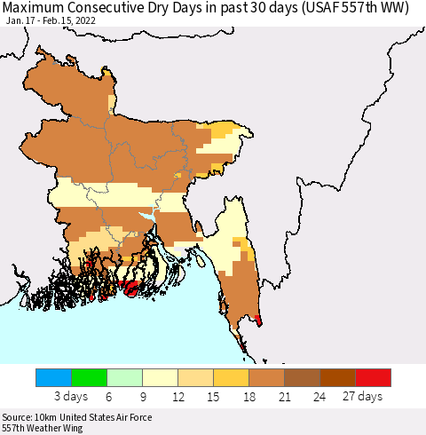 Bangladesh Maximum Consecutive Dry Days in past 30 days (USAF 557th WW) 02/15/2022 Thematic Map For 2/11/2022 - 2/15/2022