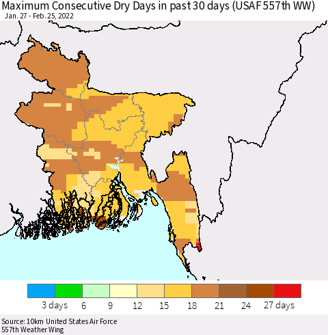Bangladesh Maximum Consecutive Dry Days in past 30 days (USAF 557th WW) 02/25/2022 Thematic Map For 2/21/2022 - 2/25/2022