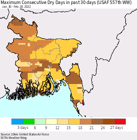 Bangladesh Maximum Consecutive Dry Days in past 30 days (USAF 557th WW) 02/28/2022 Thematic Map For 2/26/2022 - 2/28/2022