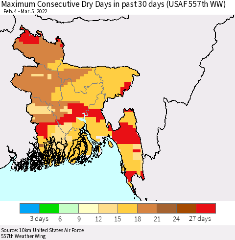 Bangladesh Maximum Consecutive Dry Days in past 30 days (USAF 557th WW) 03/05/2022 Thematic Map For 3/1/2022 - 3/5/2022