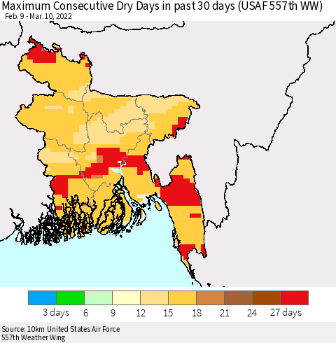 Bangladesh Maximum Consecutive Dry Days in past 30 days (USAF 557th WW) 03/10/2022 Thematic Map For 3/6/2022 - 3/10/2022