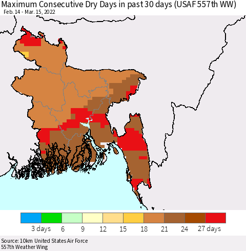 Bangladesh Maximum Consecutive Dry Days in past 30 days (USAF 557th WW) 03/15/2022 Thematic Map For 3/11/2022 - 3/15/2022