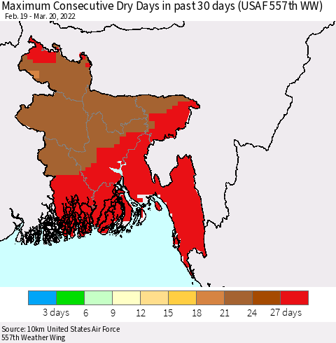 Bangladesh Maximum Consecutive Dry Days in past 30 days (USAF 557th WW) 03/20/2022 Thematic Map For 3/16/2022 - 3/20/2022