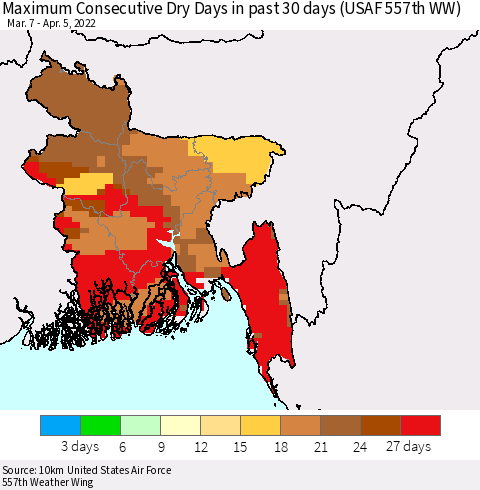 Bangladesh Maximum Consecutive Dry Days in past 30 days (USAF 557th WW) 04/05/2022 Thematic Map For 4/1/2022 - 4/5/2022