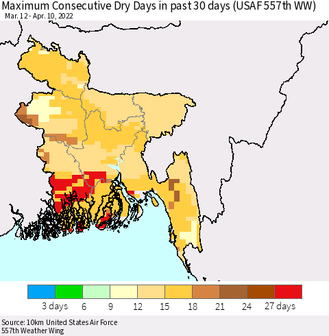 Bangladesh Maximum Consecutive Dry Days in past 30 days (USAF 557th WW) 04/10/2022 Thematic Map For 4/6/2022 - 4/10/2022