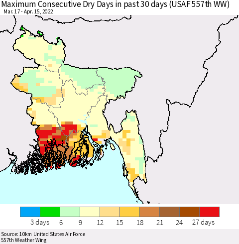 Bangladesh Maximum Consecutive Dry Days in past 30 days (USAF 557th WW) 04/15/2022 Thematic Map For 4/11/2022 - 4/15/2022