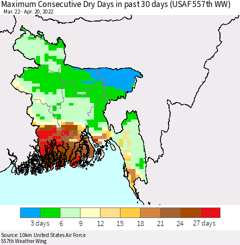 Bangladesh Maximum Consecutive Dry Days in past 30 days (USAF 557th WW) 04/20/2022 Thematic Map For 4/16/2022 - 4/20/2022