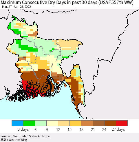 Bangladesh Maximum Consecutive Dry Days in past 30 days (USAF 557th WW) 04/25/2022 Thematic Map For 4/21/2022 - 4/25/2022