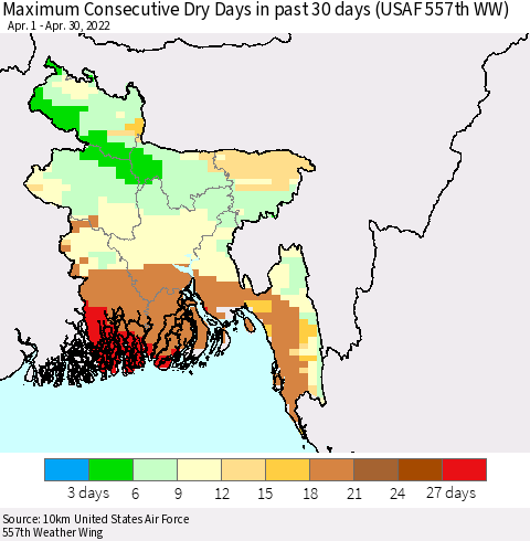 Bangladesh Maximum Consecutive Dry Days in past 30 days (USAF 557th WW) 04/30/2022 Thematic Map For 4/26/2022 - 4/30/2022