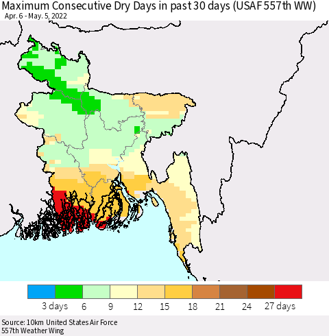 Bangladesh Maximum Consecutive Dry Days in past 30 days (USAF 557th WW) 05/05/2022 Thematic Map For 5/1/2022 - 5/5/2022