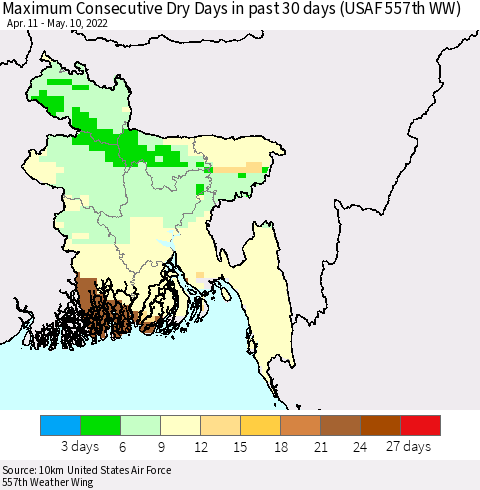 Bangladesh Maximum Consecutive Dry Days in past 30 days (USAF 557th WW) 05/10/2022 Thematic Map For 5/6/2022 - 5/10/2022