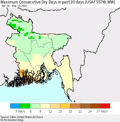 Bangladesh Maximum Consecutive Dry Days in past 30 days (USAF 557th WW) 05/15/2022 Thematic Map For 5/11/2022 - 5/15/2022