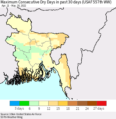 Bangladesh Maximum Consecutive Dry Days in past 30 days (USAF 557th WW) 05/20/2022 Thematic Map For 5/16/2022 - 5/20/2022