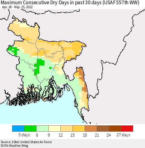 Bangladesh Maximum Consecutive Dry Days in past 30 days (USAF 557th WW) 05/25/2022 Thematic Map For 5/21/2022 - 5/25/2022