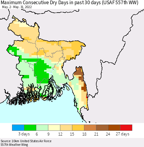 Bangladesh Maximum Consecutive Dry Days in past 30 days (USAF 557th WW) 05/31/2022 Thematic Map For 5/26/2022 - 5/31/2022