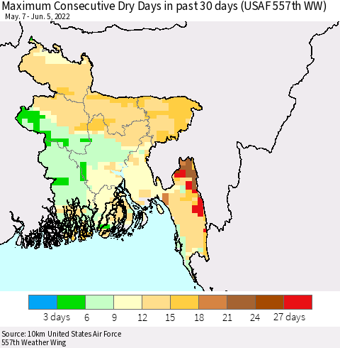 Bangladesh Maximum Consecutive Dry Days in past 30 days (USAF 557th WW) 06/05/2022 Thematic Map For 6/1/2022 - 6/5/2022