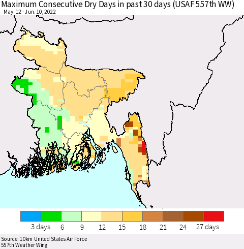 Bangladesh Maximum Consecutive Dry Days in past 30 days (USAF 557th WW) 06/10/2022 Thematic Map For 6/6/2022 - 6/10/2022