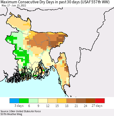 Bangladesh Maximum Consecutive Dry Days in past 30 days (USAF 557th WW) 06/15/2022 Thematic Map For 6/11/2022 - 6/15/2022