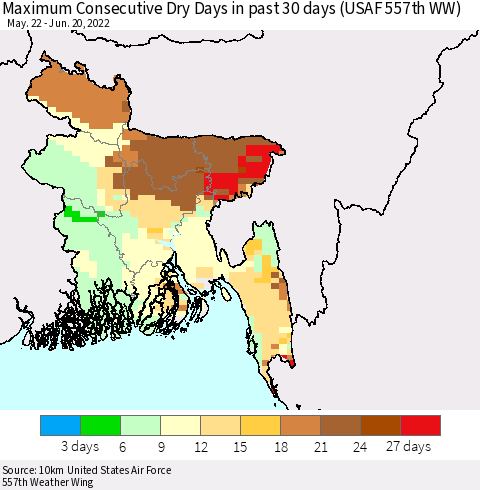 Bangladesh Maximum Consecutive Dry Days in past 30 days (USAF 557th WW) 06/20/2022 Thematic Map For 6/16/2022 - 6/20/2022