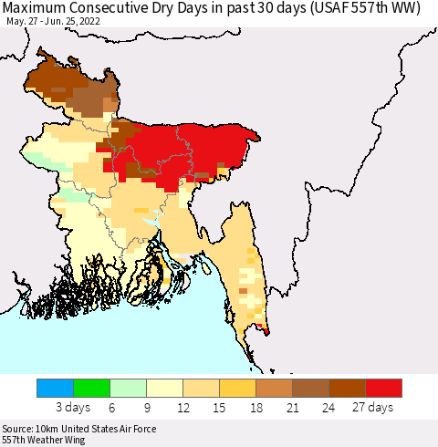 Bangladesh Maximum Consecutive Dry Days in past 30 days (USAF 557th WW) 06/25/2022 Thematic Map For 6/21/2022 - 6/25/2022