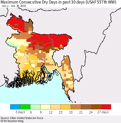 Bangladesh Maximum Consecutive Dry Days in past 30 days (USAF 557th WW) 06/30/2022 Thematic Map For 6/26/2022 - 6/30/2022