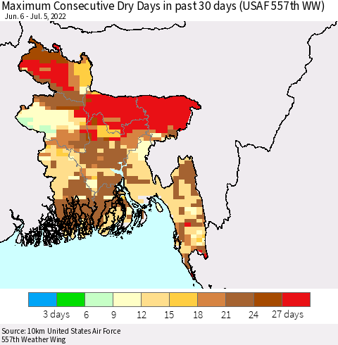 Bangladesh Maximum Consecutive Dry Days in past 30 days (USAF 557th WW) 07/05/2022 Thematic Map For 7/1/2022 - 7/5/2022