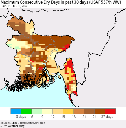Bangladesh Maximum Consecutive Dry Days in past 30 days (USAF 557th WW) 07/10/2022 Thematic Map For 7/6/2022 - 7/10/2022