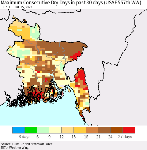 Bangladesh Maximum Consecutive Dry Days in past 30 days (USAF 557th WW) 07/15/2022 Thematic Map For 7/11/2022 - 7/15/2022