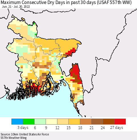 Bangladesh Maximum Consecutive Dry Days in past 30 days (USAF 557th WW) 07/20/2022 Thematic Map For 7/16/2022 - 7/20/2022