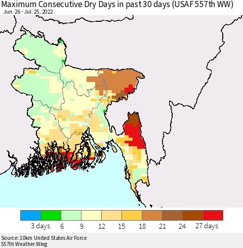 Bangladesh Maximum Consecutive Dry Days in past 30 days (USAF 557th WW) 07/25/2022 Thematic Map For 7/21/2022 - 7/25/2022