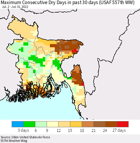 Bangladesh Maximum Consecutive Dry Days in past 30 days (USAF 557th WW) 07/31/2022 Thematic Map For 7/26/2022 - 7/31/2022