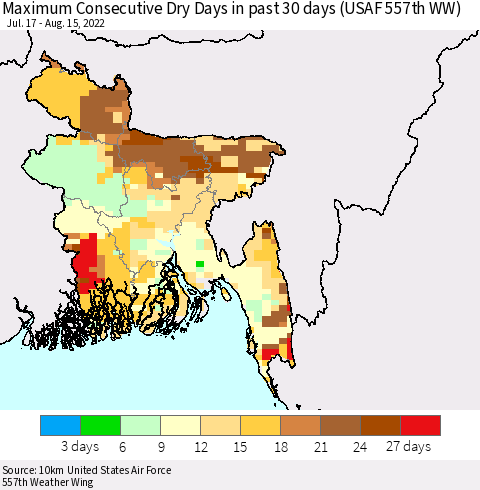 Bangladesh Maximum Consecutive Dry Days in past 30 days (USAF 557th WW) Thematic Map For 8/11/2022 - 8/15/2022