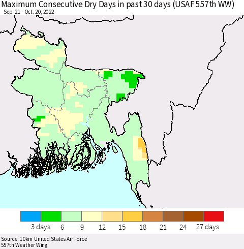Bangladesh Maximum Consecutive Dry Days in past 30 days (USAF 557th WW) Thematic Map For 10/16/2022 - 10/20/2022