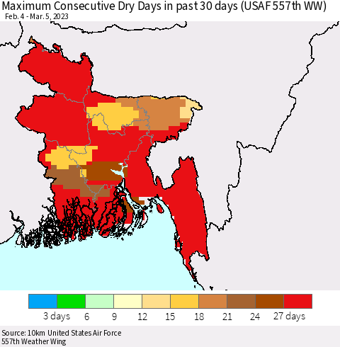 Bangladesh Maximum Consecutive Dry Days in past 30 days (USAF 557th WW) 03/05/2023 Thematic Map For 3/1/2023 - 3/5/2023