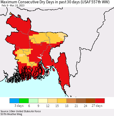 Bangladesh Maximum Consecutive Dry Days in past 30 days (USAF 557th WW) 03/10/2023 Thematic Map For 3/6/2023 - 3/10/2023