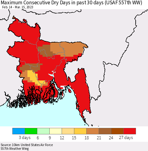 Bangladesh Maximum Consecutive Dry Days in past 30 days (USAF 557th WW) 03/15/2023 Thematic Map For 3/11/2023 - 3/15/2023