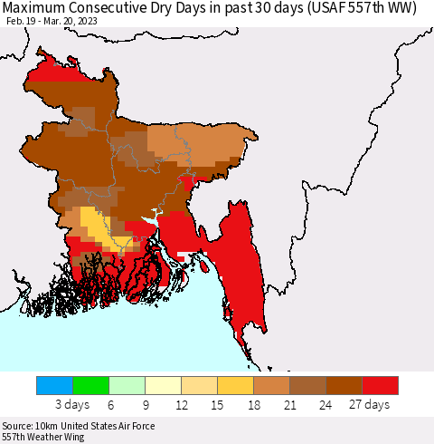 Bangladesh Maximum Consecutive Dry Days in past 30 days (USAF 557th WW) 03/20/2023 Thematic Map For 3/16/2023 - 3/20/2023