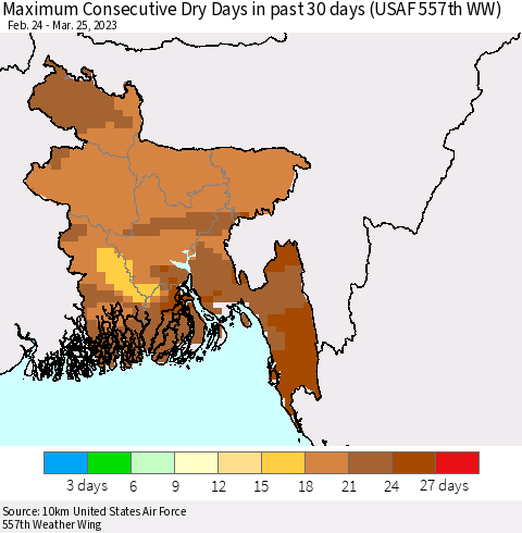 Bangladesh Maximum Consecutive Dry Days in past 30 days (USAF 557th WW) 03/25/2023 Thematic Map For 3/21/2023 - 3/25/2023