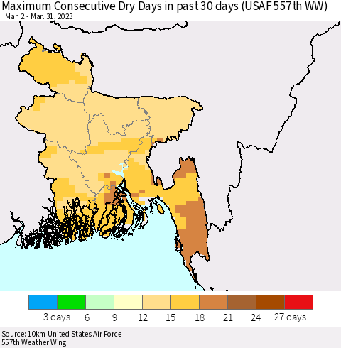 Bangladesh Maximum Consecutive Dry Days in past 30 days (USAF 557th WW) 03/31/2023 Thematic Map For 3/26/2023 - 3/31/2023