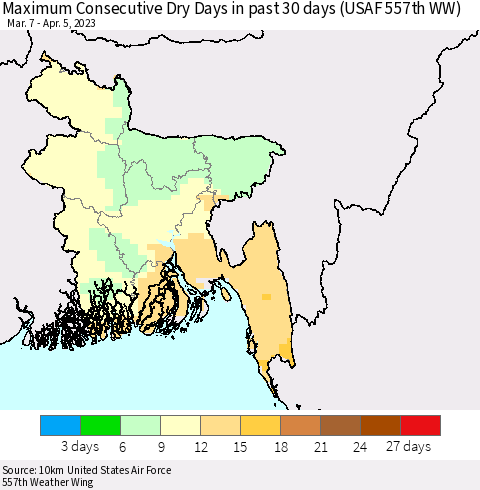 Bangladesh Maximum Consecutive Dry Days in past 30 days (USAF 557th WW) 04/05/2023 Thematic Map For 4/1/2023 - 4/5/2023