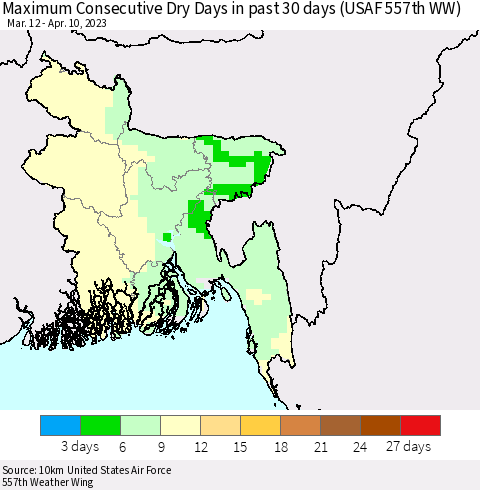 Bangladesh Maximum Consecutive Dry Days in past 30 days (USAF 557th WW) 04/10/2023 Thematic Map For 4/6/2023 - 4/10/2023