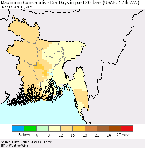 Bangladesh Maximum Consecutive Dry Days in past 30 days (USAF 557th WW) 04/15/2023 Thematic Map For 4/11/2023 - 4/15/2023